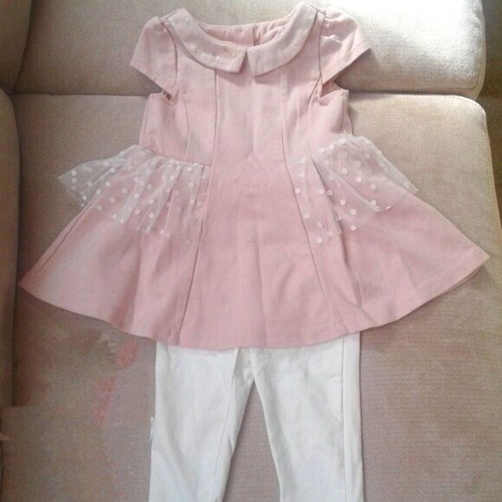 Jillian's Closet Toddler Outfit Pink Ivory Tulle Peter Pan Collar Leggings 24M
